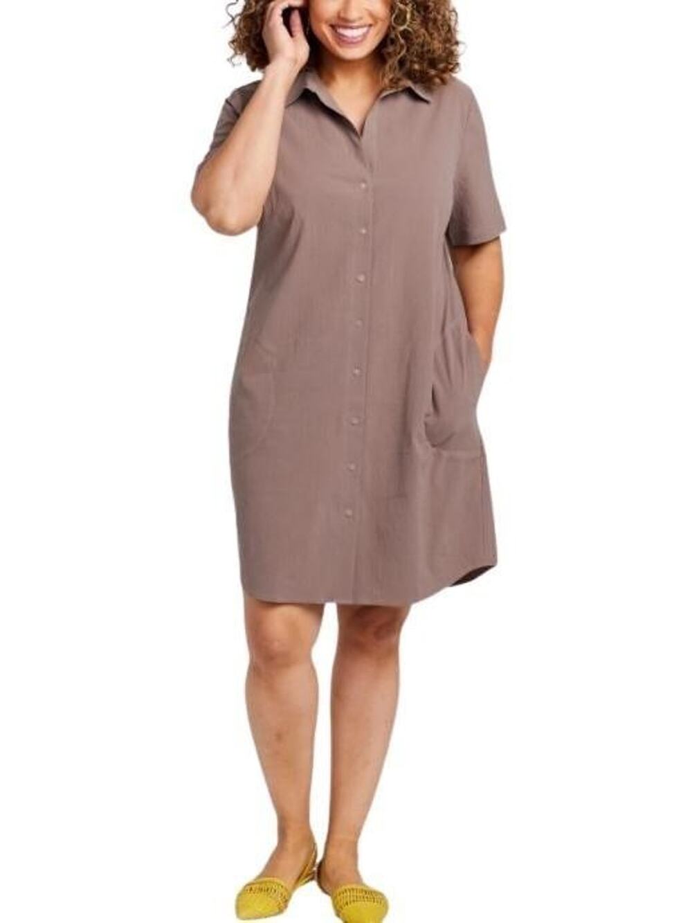 Brass Clothing Button Down Shirt Dress Sz M Brown Short Sleeve Pockets Casual